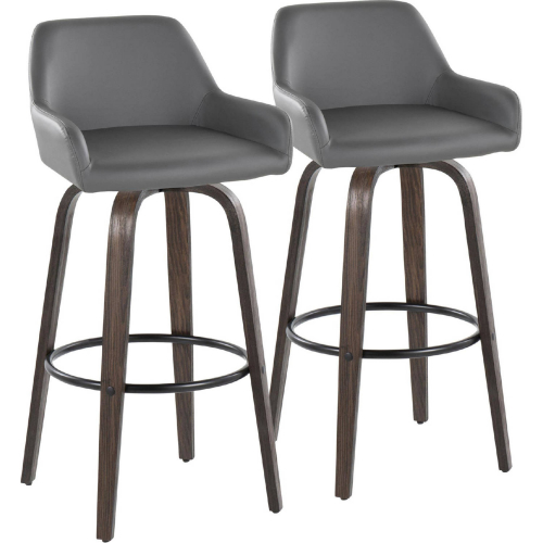 Daniella 30" Swivel Bar Stool in Walnut Glazed Wood & Grey Leatherette w/ Black Footrest (Set of 2)